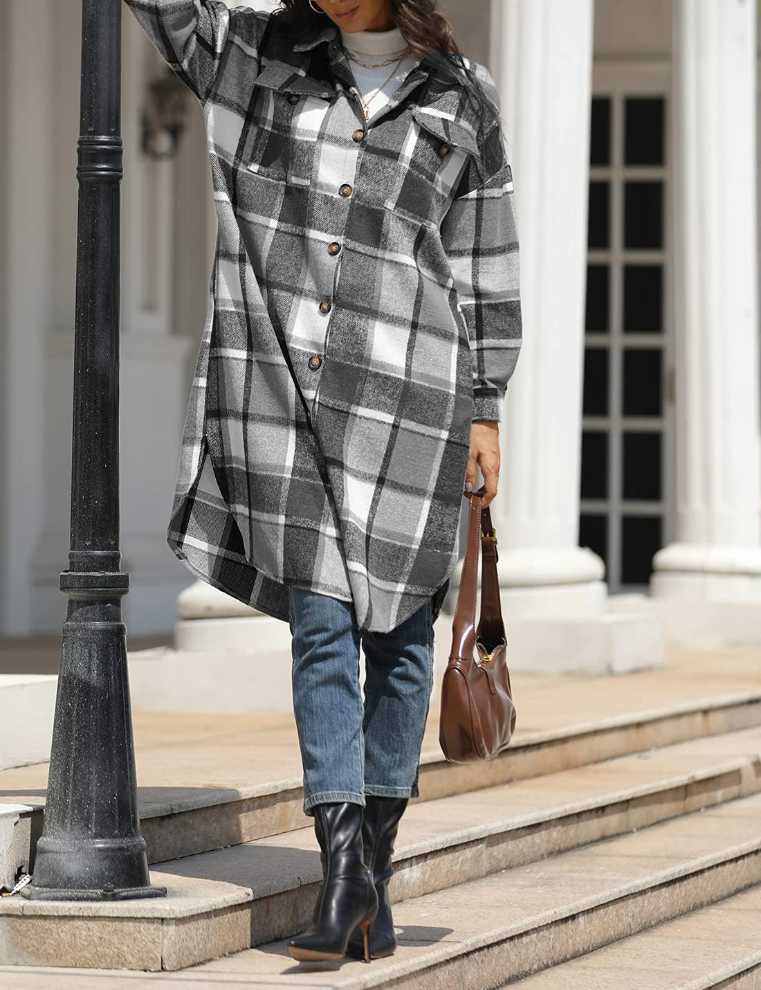 Women's Casual Lapel Wool Blend Long Plaid Shirt Button Down Long Sleeve Jacket