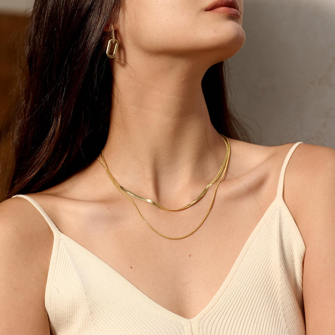 CHESKY Layered Necklace for Women, Double Layer Snake Chain Necklace 14k Gold Plated Layering Herringbone Necklace Gold Chunky Thick Chain Choker Necklace Gifts