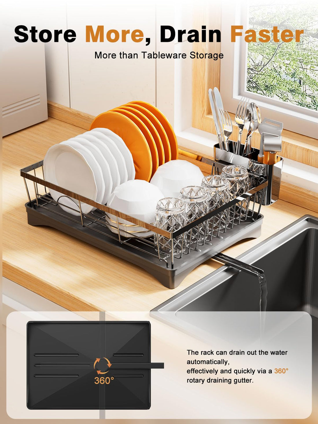 AIDIAM Dish Drying Rack for Kitchen Counter,Super Spacious&Compact Dish Rack,360° Rotary Spout, Cutlery/Tableware Holder,Rustproof Organizer Shelf with Drainboard,Black Sink Utensil Holder