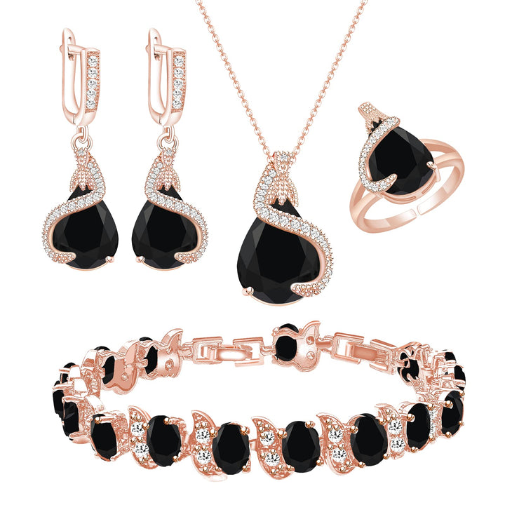 GZWHD Rose Gold Plated Black Jewelry Set Teardrop Stones For Women Prom Party Jewelry, Open Ring Necklace Bracelet Earring Set, Gift For Wife Mother Daughter Friends