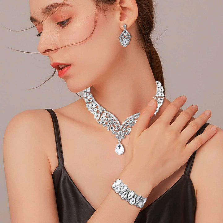 IRONBOX Crystal Wedding Bridal Jewelry Set for Women Prom Sliver Rhinestone Teardrop Necklace Earrings Bracelet Wedding Bridesmaid Gifts Fit with Wedding Dress