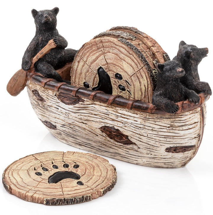 Bear Coasters Set of 6 Full Size Rustic Coasters in Handmade Canoe with Adorable Black Bear Figurines | Black Bear Log Cabin Decorations, Rustic Lodge Decor for The Home