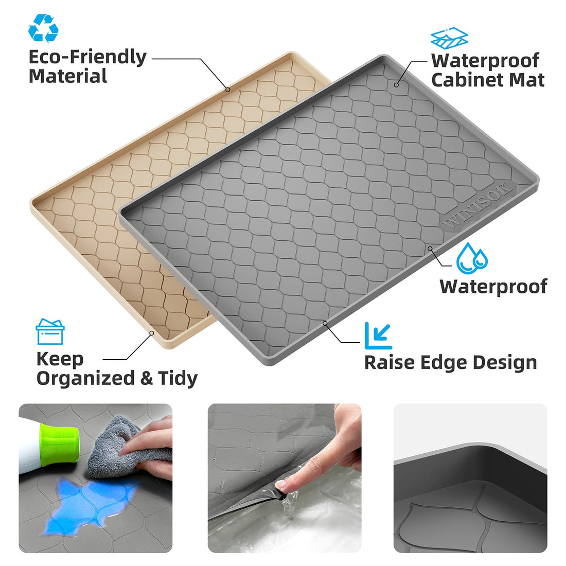 Winisok Waterproof Under Sink Mat 34” x 22” Cabinet Liner for Kitchen and Bathroom, Shelf Protector Silicone Under Sink Tray, Cabinet Organizers and Storage Sink Drip Tray