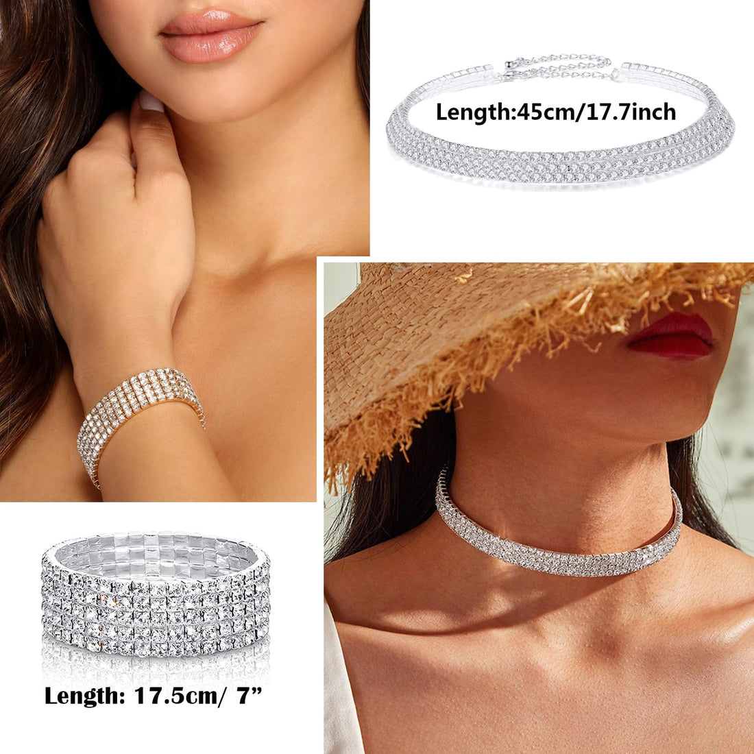 EIELO Rhinestone Jewelry Set for Women Wedding Bridal Silver Clutch Purse Glitter Choker Necklace Tennis Stretch Bracelets Ring Dangle Fringe Earrings Set