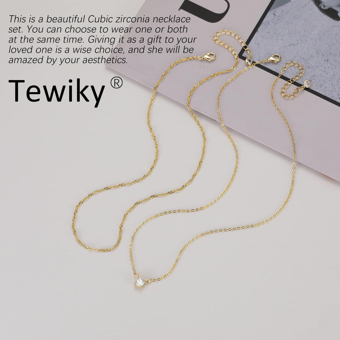 Tewiky Gold Necklace, Dainty Gold Layered Gold Plated Diamond Necklaces Simple CZ Solitaire Pendant Necklace Cute Gold Cubic Zirconia Chain Choker for Women Trendys Gold Jewelry Gift