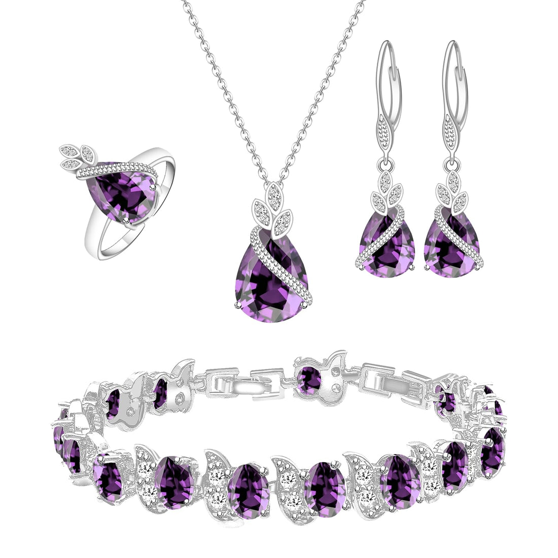 GZWHD Purple Amethyst Earrings Necklace Ring Bracelet Set for Women Jewelry Set Bride Bridesmaid