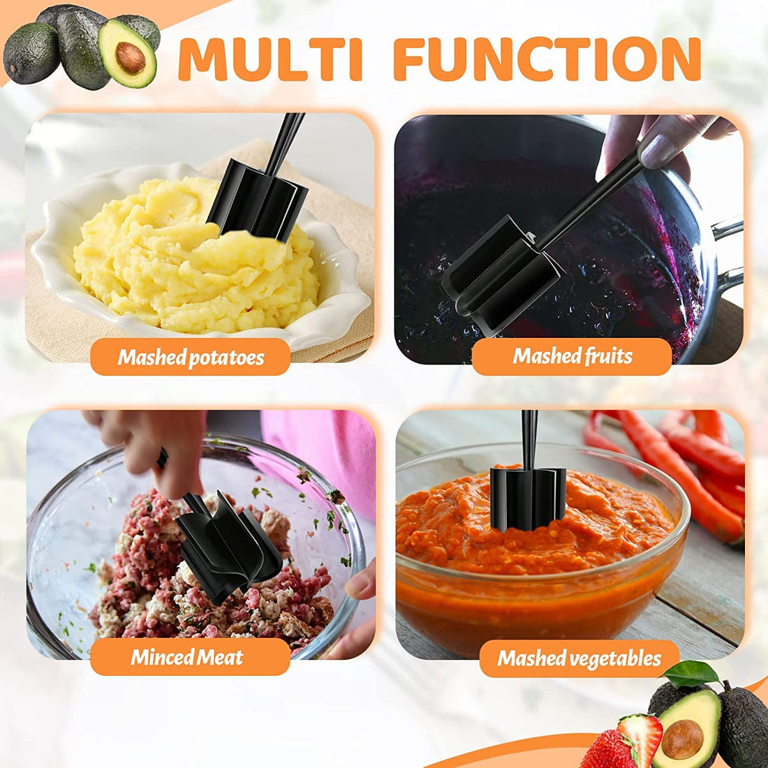 Meat Chopper, Hamburger Chopper, Potato Masher-Professional Multifunctional Heat Resistant Nylon Ground Beef Smasher Kitchen Tools And Gadgets, Safe For Non-Stick Cookware.