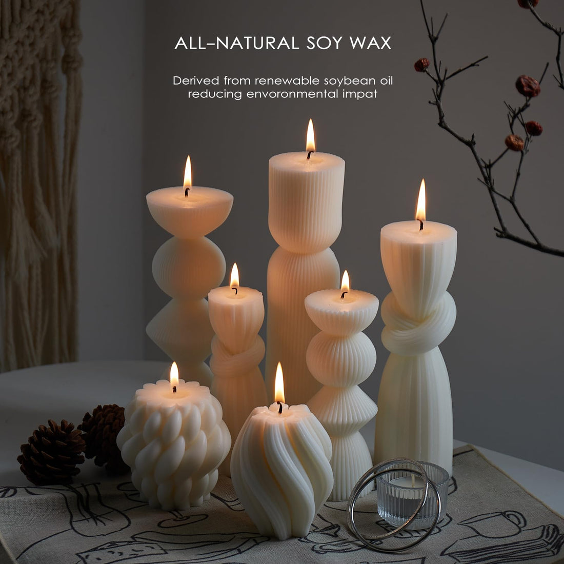 7 Pcs Large Pillar Candles Aesthetic Candle Modern Home Decor Ribbed Candles Set Beautiful Handmade Pillar Housewarming Gift Home Room Shelf Decor Idea Soy Wax (White)