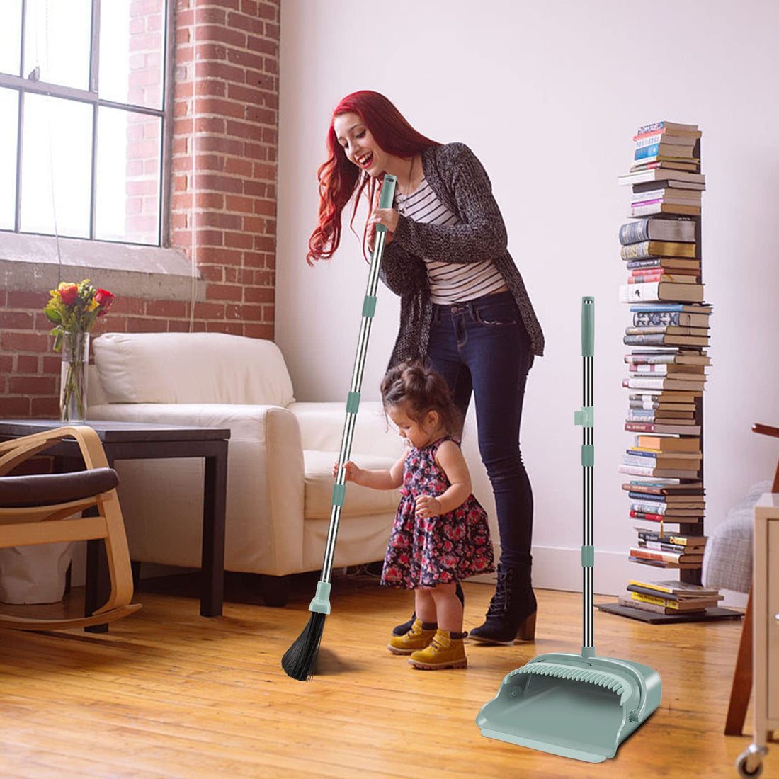 kelamayi Upgrade Broom and Dustpan Set, Large Size and with Long Handle, Upright,Ideal for Indoor Outdoor Garage Kitchen Room Office Lobby Use (Green)