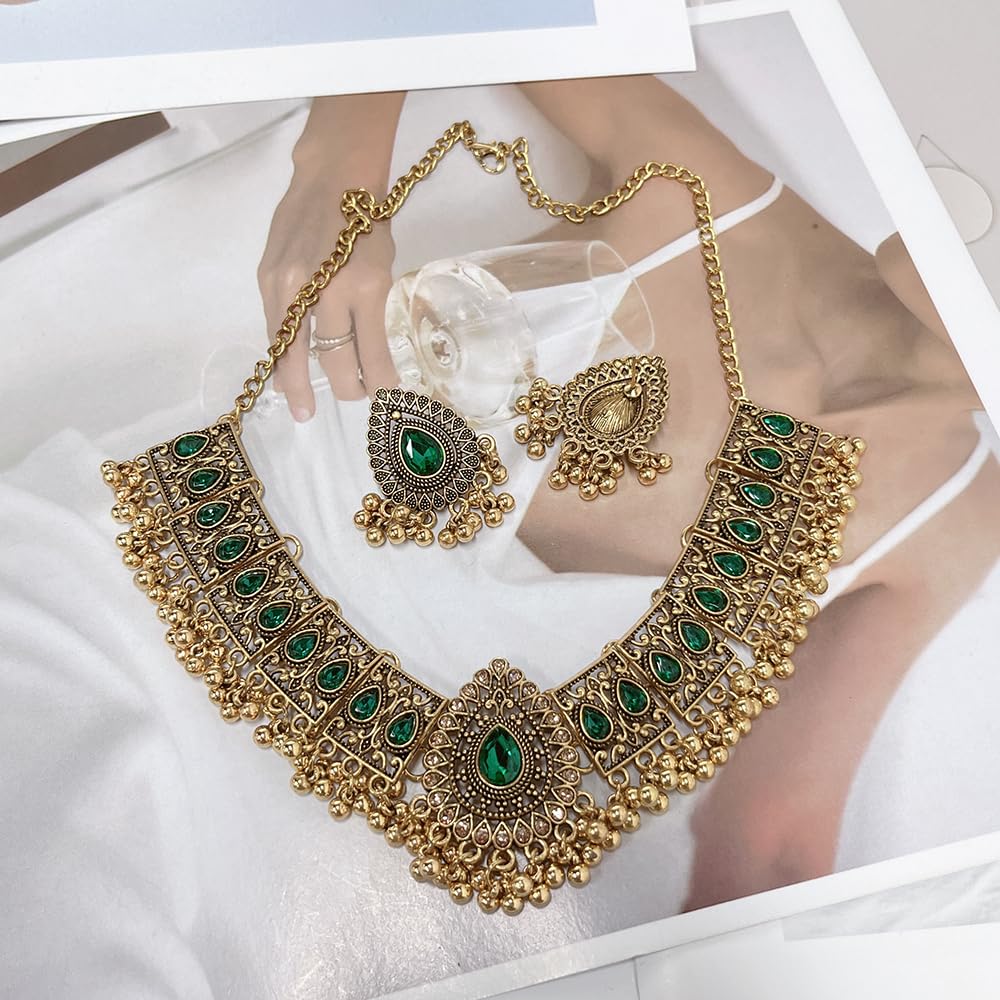 Indian Wedding Bridal Traditional Bohemian Jewellery Set for Women Girls Antique Ethnic Party Prom Wear Statement Necklace Earring Tassel Bollywood Choker Punk Crystal Fashion Gift for Bride (Green)