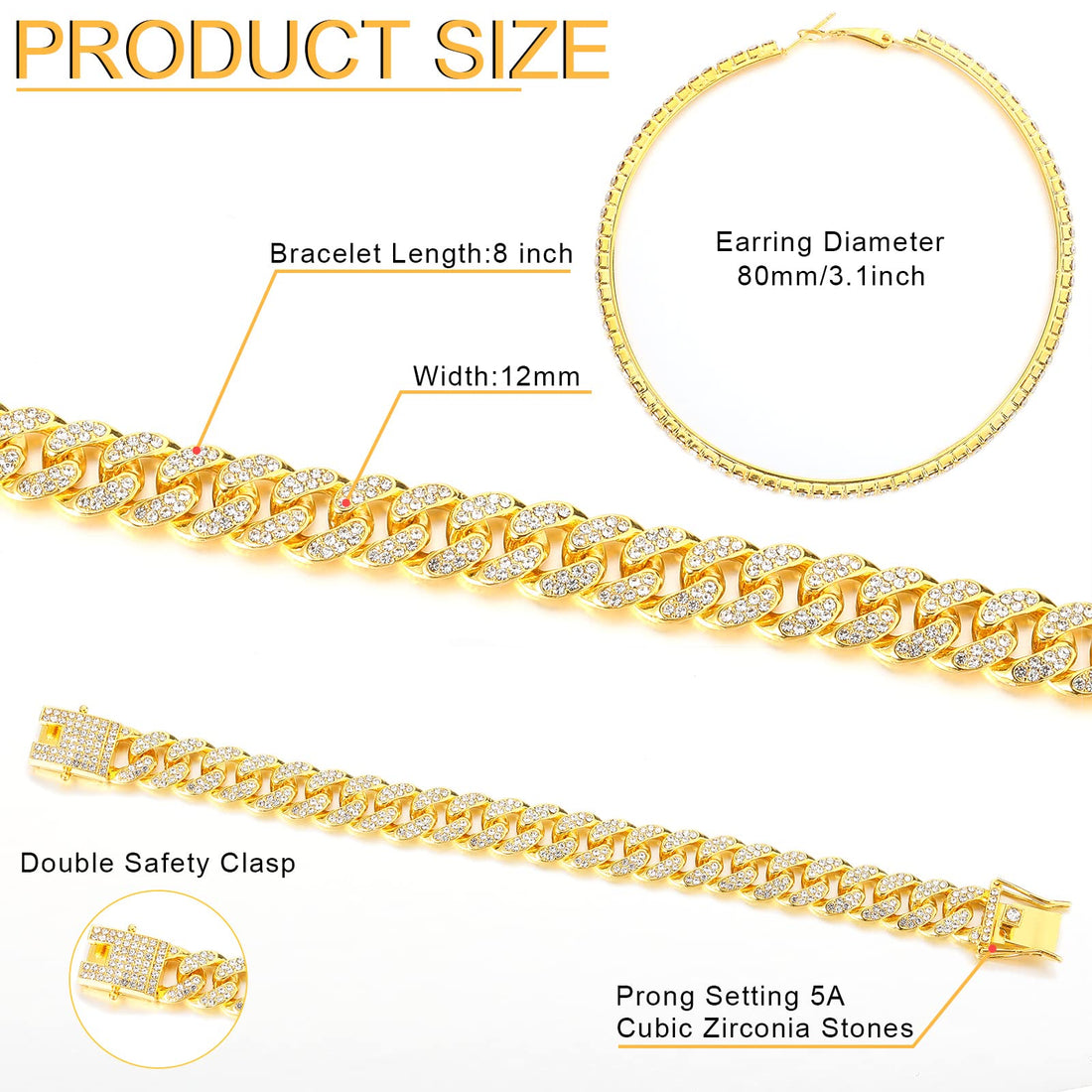 Batiyeer Link Chain Necklace Bracelet Rhinestone Earrings Bling Necklace Bracelet Crystal Big Circle Earring for Women(Gold, 18 Inch)