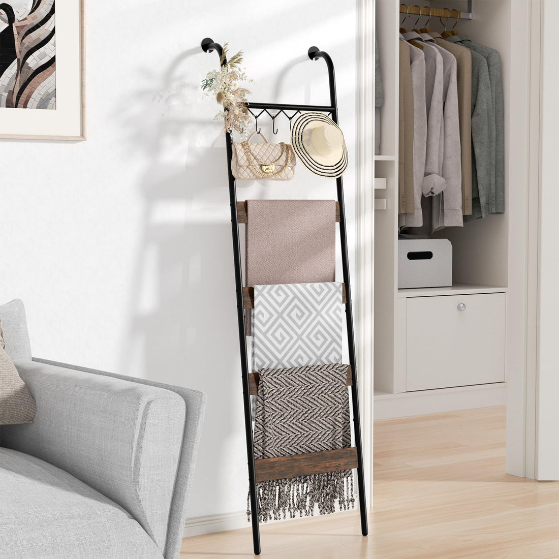 HapiRm Blanket Ladder Towel Rack - 5-Tier Blanket Rack with 6 Removable Hooks, Wall-Leaning Blanket Holder, Decorative Ladder Shelf for Living Room, Bedroom, Bathroom, Home Decor, Rustic Brown