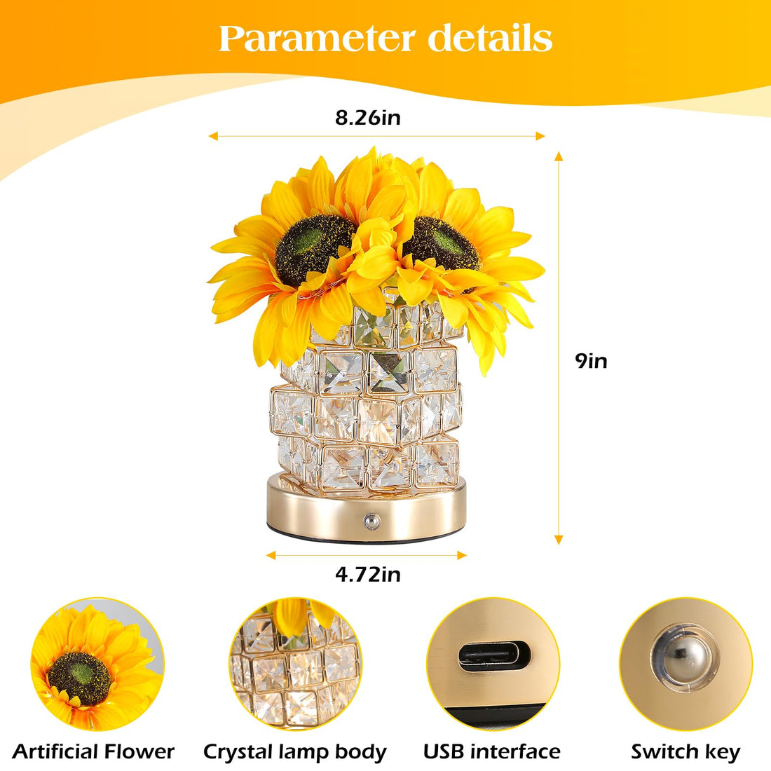 AMWGIMI Sunflowers Flower Lamp Touch Lamp,Rechargeable Cordless Table Lamp, 3-Colour Infinitely Dimming Battery Powered Small Night Light,Gift for Mom for Valentine Day,Mothers Day,Xmas,Birthday