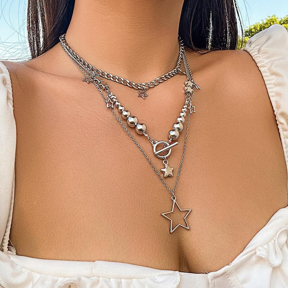 2 Pieces Silver Star Necklace Y2K Jewelry Set Grunge Necklace Kawaii Cute Necklaces Aesthetic Vintage Emo Jewelry (Silver 1)