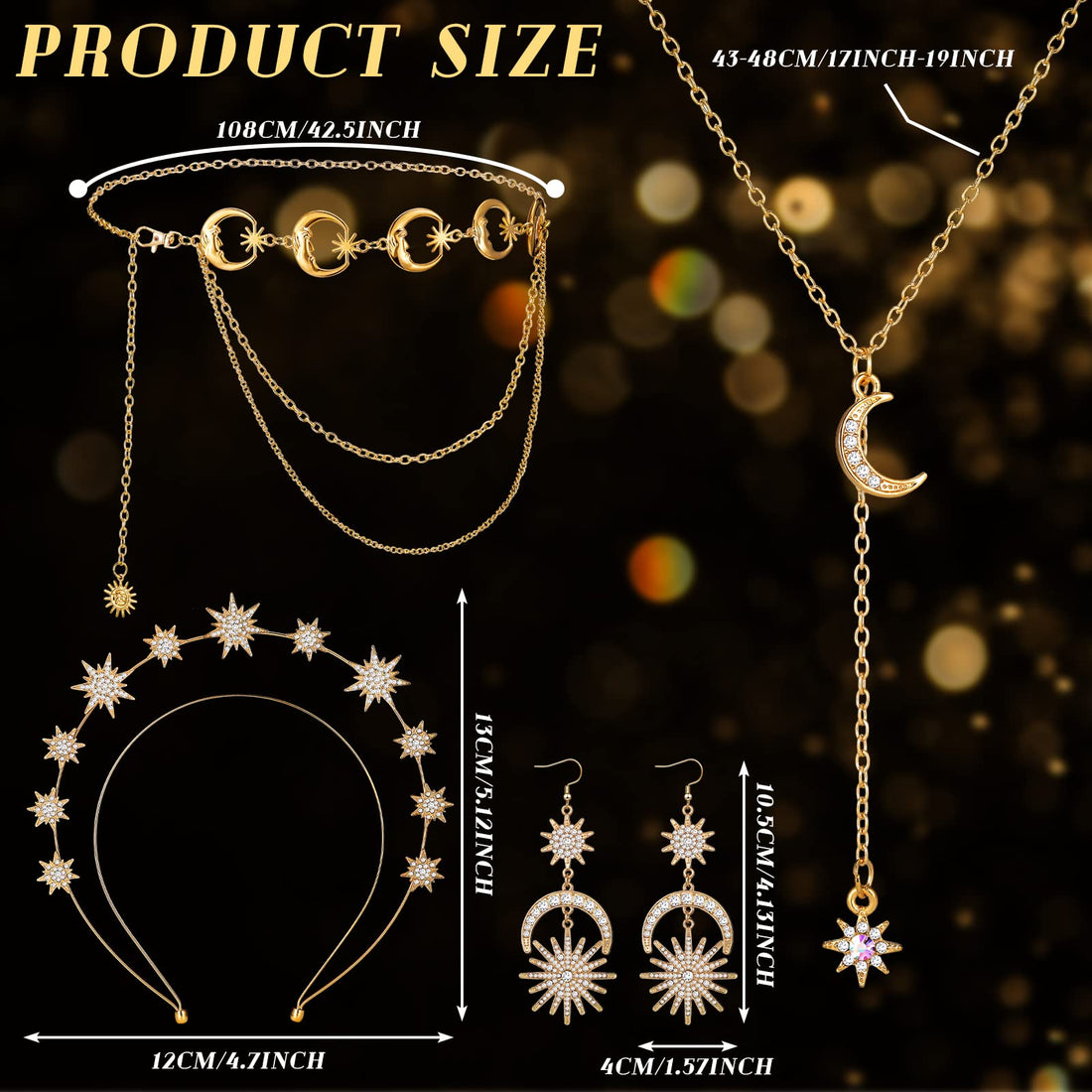 Glenmal 4 Pieces Halo Crown Moon Stars Necklaces and Body Chain Halo Headband Drop Earrings Halo Tiaras Headpiece for Women(Gold)