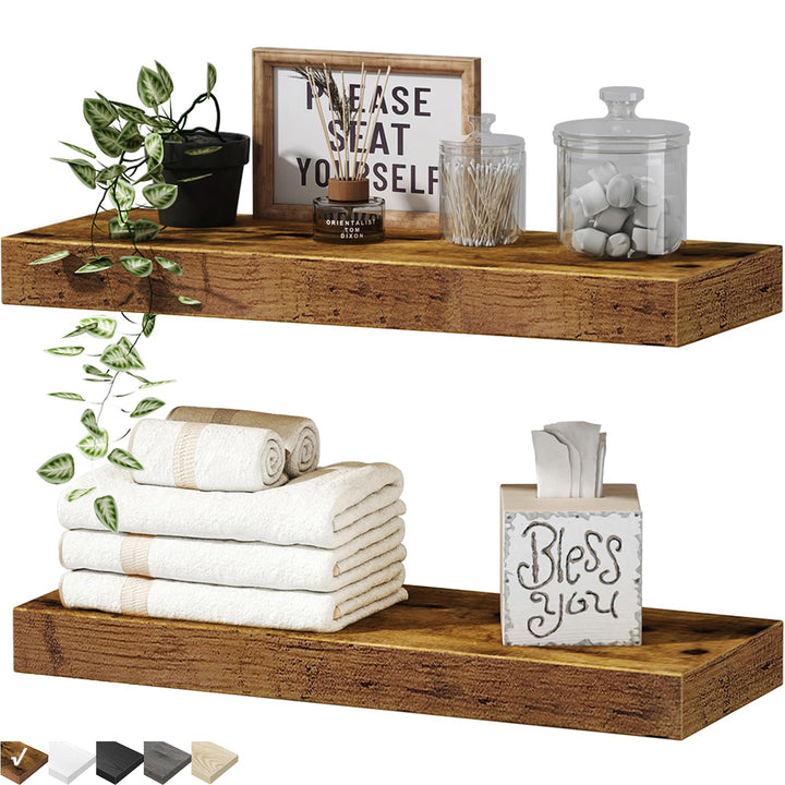 QEEIG Bathroom Floating Shelves for Wall 16 x 7 inch Wall Mounted Shelf Over Toilet Farmhouse Decor Small Set of 2, Rustic Brown (008-40BN)