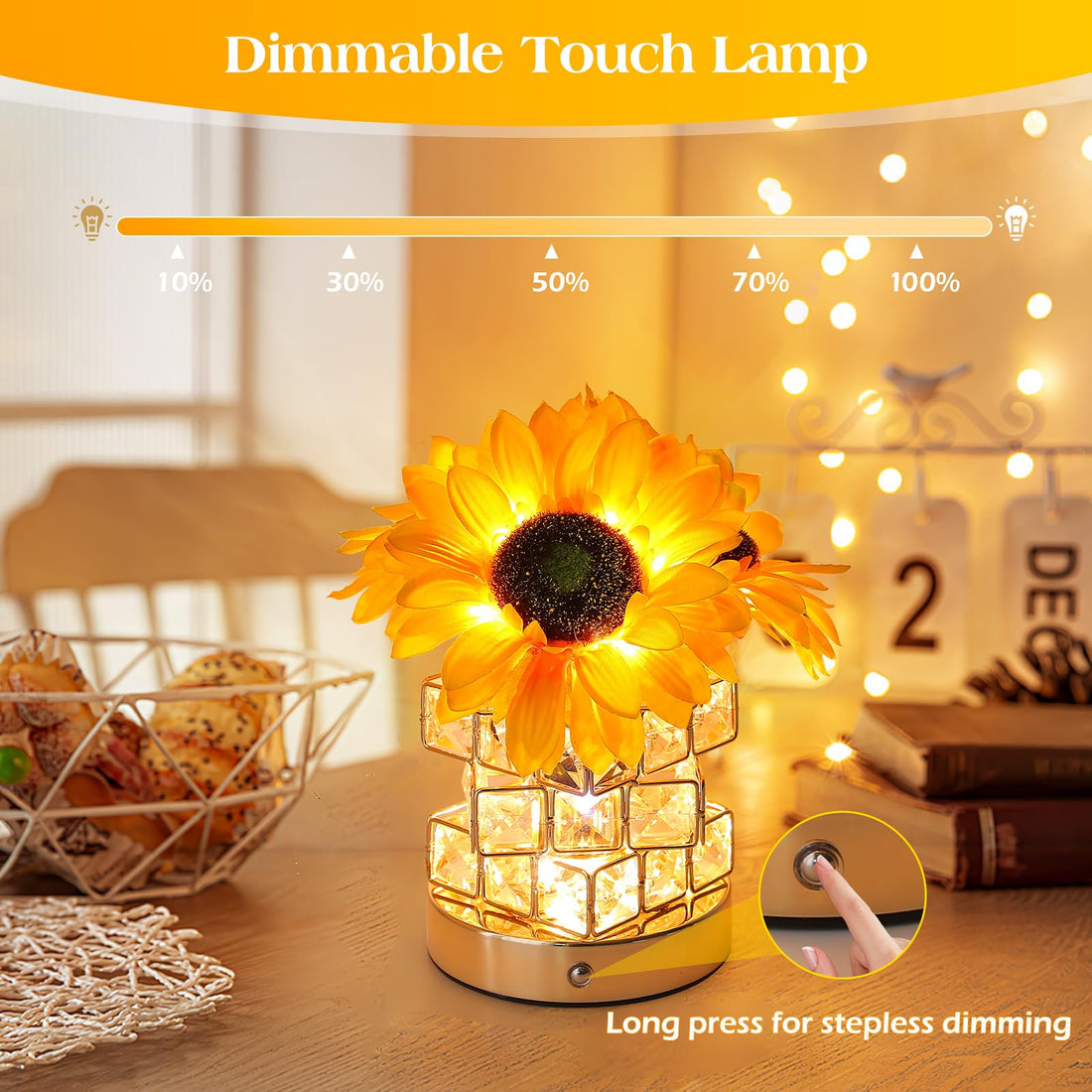 AMWGIMI Sunflowers Flower Lamp Touch Lamp,Rechargeable Cordless Table Lamp, 3-Colour Infinitely Dimming Battery Powered Small Night Light,Gift for Mom for Valentine Day,Mothers Day,Xmas,Birthday