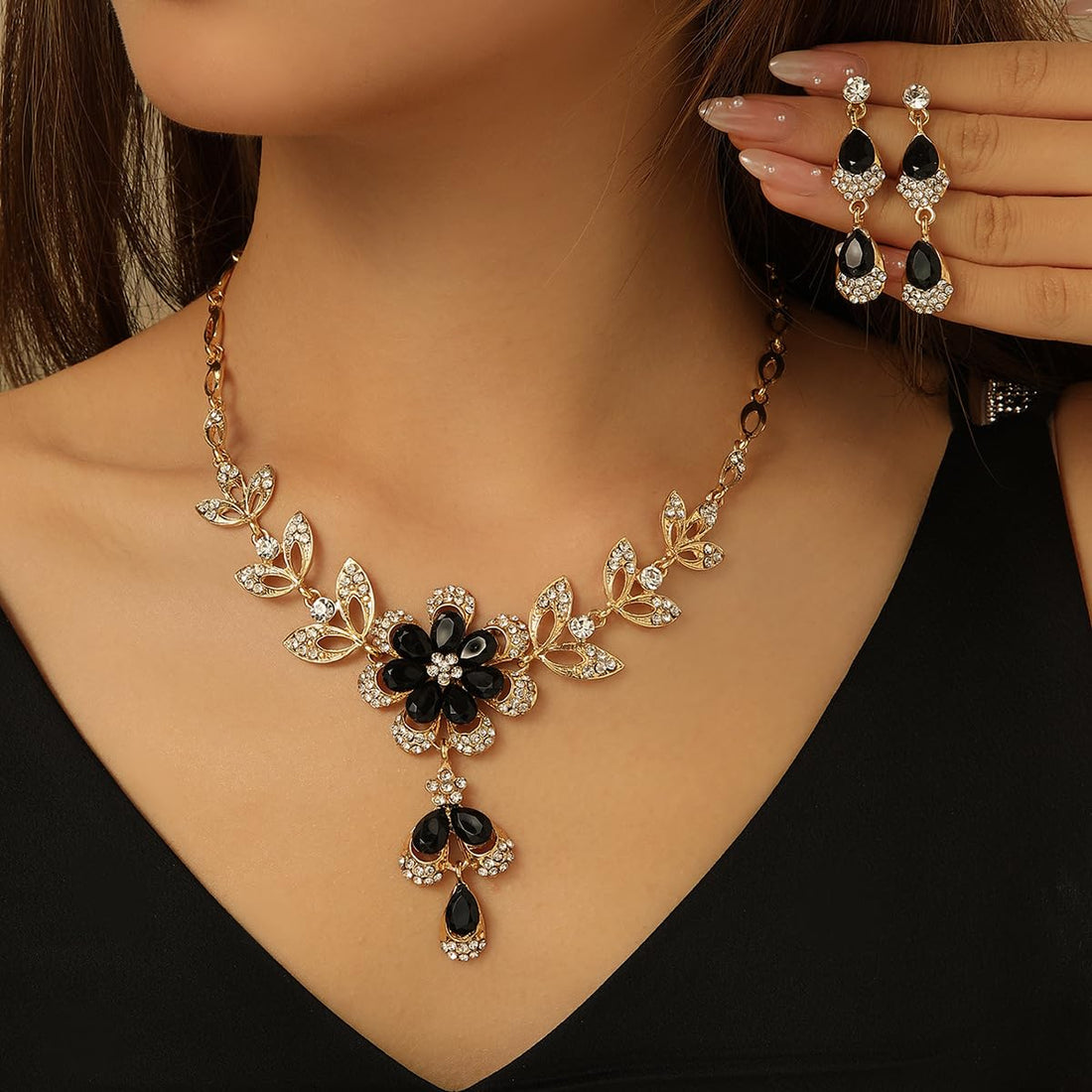 Gold Black Jewelry Sets for Women Trendy Prom Wedding Jewelry Set Black Gold Crystal Flower Necklace Earrings Set Sparkly Black Prom Dresses Formal Accessories Womens Christmas Gifts