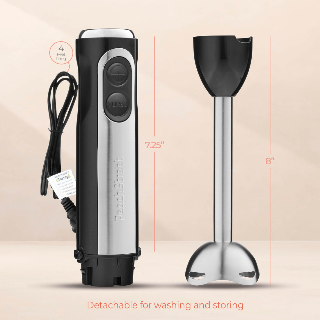 Powerful Immersion Blender, Electric Hand Blender 500 Watt with Turbo Mode, Detachable Base. Handheld Kitchen Gadget Blender Stick for Soup, Smoothie, Puree, Baby Food, 304 Stainless Steel Blades