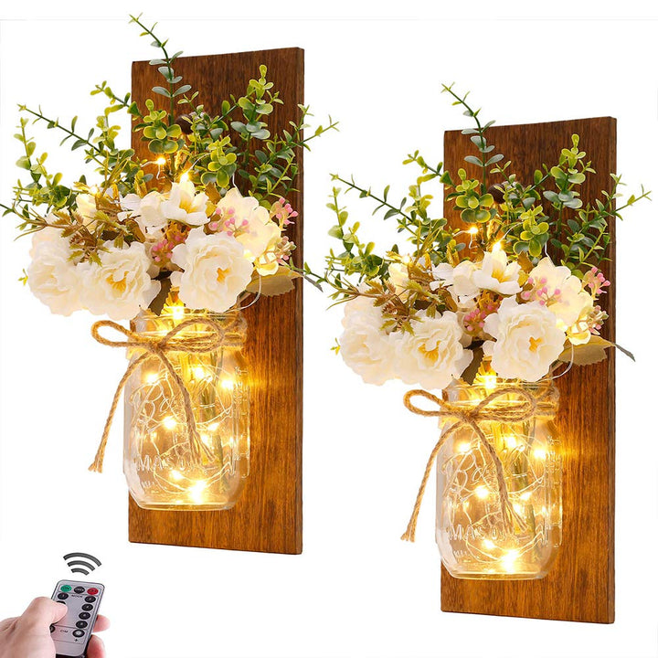 Rustic Wall Sconces Mason Jar Sconces Handmade Wall Art Hanging Design with Remote Control LED Fairy Lights and White Peony,Christmas Decor Gift Farmhouse Wall Home Decor Living Room Lights Set of Two