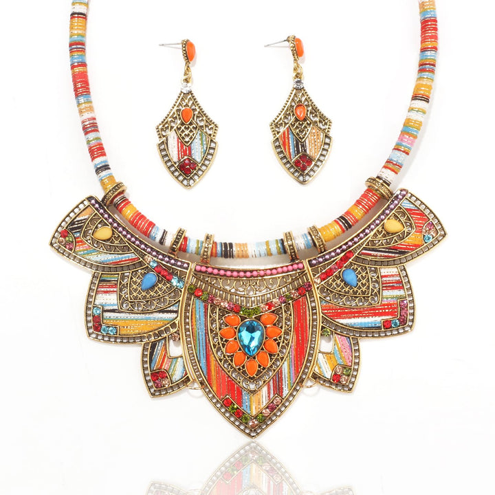 Zhlichouy Gold African Jewelry Sets for Women,Boho Tribal Retro Statement Choker Necklace and Dainty Dangle Earring Set,Multicolor Ethnic Style Chunky Bib Collar Costume Jewelry Accessories for Women