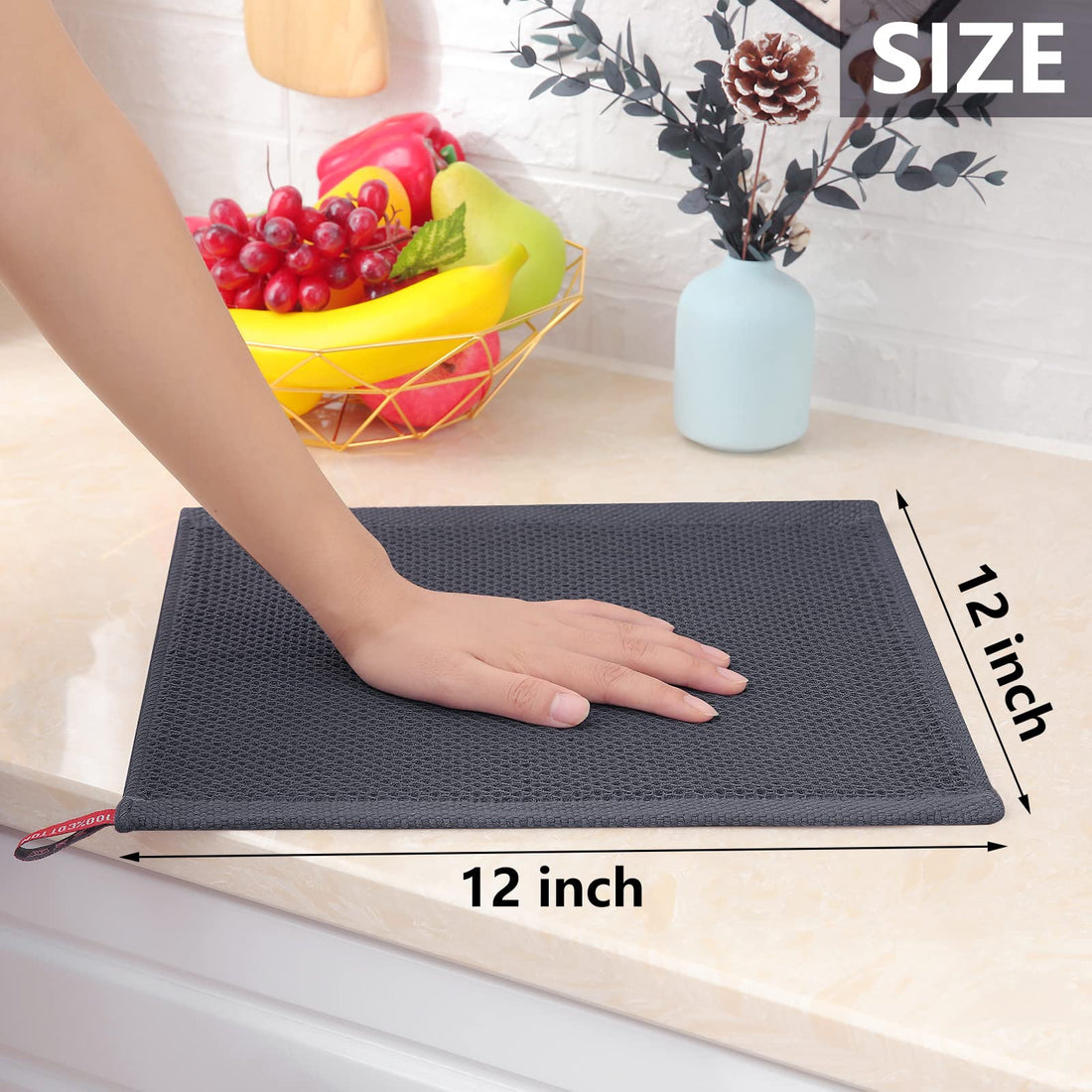 Homaxy 100% Cotton Waffle Weave Kitchen Dish Cloths, Ultra Soft Absorbent Quick Drying Dish Towels, 12 x 12 Inches, 6-Pack, Dark Grey