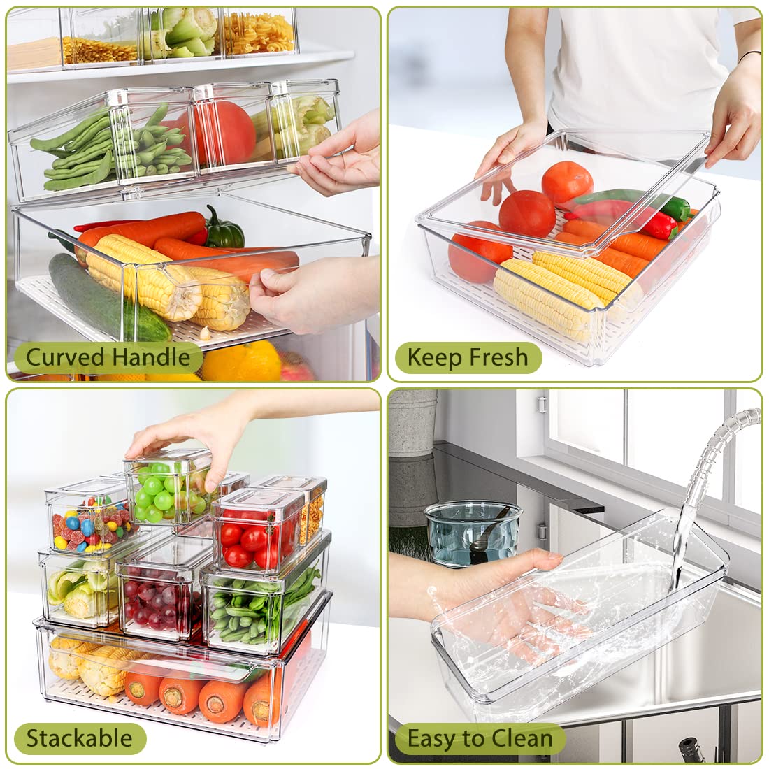 10 Pack Refrigerator Pantry Organizer Bins, Stackable Fridge Organizer Bins with Lids, Clear Plastic Food Storage Bins for Kitchen, Countertops, Cabinets, Fridge, Drinks, Fruits, Vegetable, Cereals