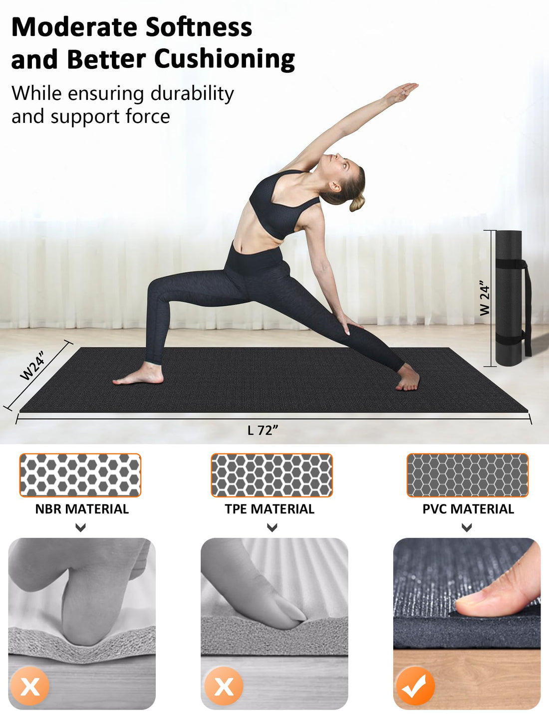 Exercise Mat 6'x2'x7mm Thick Workout Mats for Yoga Non Slip Heavy Duty Home Gym Flooring Fitness Cardio Mat for Pilates, Treadmill Exercise Equipment, Weightlift, Jump Rope, Stretch, Plyo