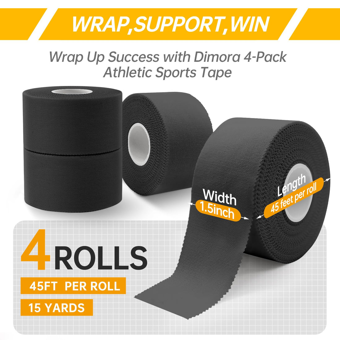 Dimora Black Athletic Tape 4-Pack - 60 Yards Strong Adhesive Sports Tape in Total, NO Sticky Residue Easy Tear, Best Sport Tape for Athletes & Fitness Enthusiasts of All Levels (1.5in X 45ft Roll)