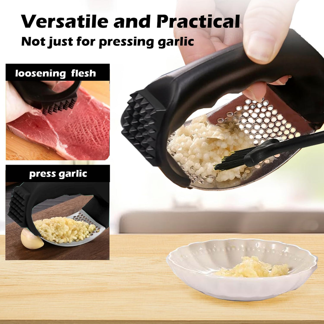 FATUXZ 3 PIECES Garlic Press Rocker Set，Stainless Steel Garlic Mincer Tool with Garlic Peeler and Cleaning Brush Kitchen Gadgets Essentials Garlic Chopper