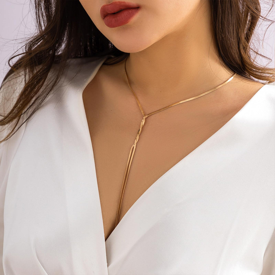 IFKM Long Gold Necklace for Women Dainty Lariat Gold Necklaces 14k Gold Plated Twist Snake Chain Y Necklace Simple Charm Trendy Jewelry Gifts (Snake Style1)