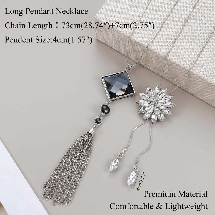 Jstyle 6Pcs Women Long Sweater Necklace Silver Plated Rhinestone Flower Tassel Pendant Neckace Jewelry Women Gifts