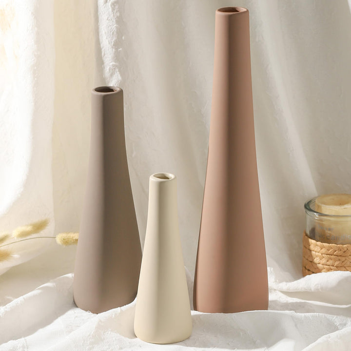 Ceramic Vase Set of 3, Modern Farmhouse Vase Neutral Pottery Vase Pampas Grass Flower Vases for Home Decoration Room Decor Table Entryway Living Room Centerpieces Mantel Decor - Brown