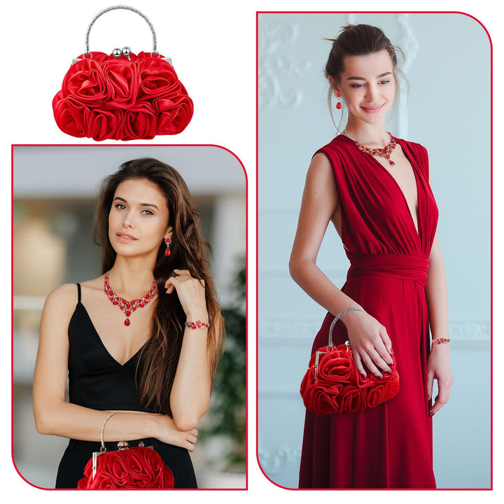 Paterr 4 Pcs Flower Clutch Rhinestone Set Handbags with Detachable Strap Detachable Necklace Earrings Bracelets (Red,Delicate Style)