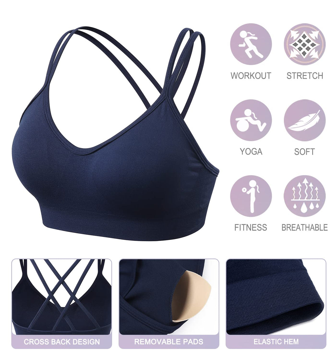 VEQKING Women's Criss Cross Back Sports Bra Medium Support Padded Strappy Yoga Bra for Workout Fitness Pack of 3