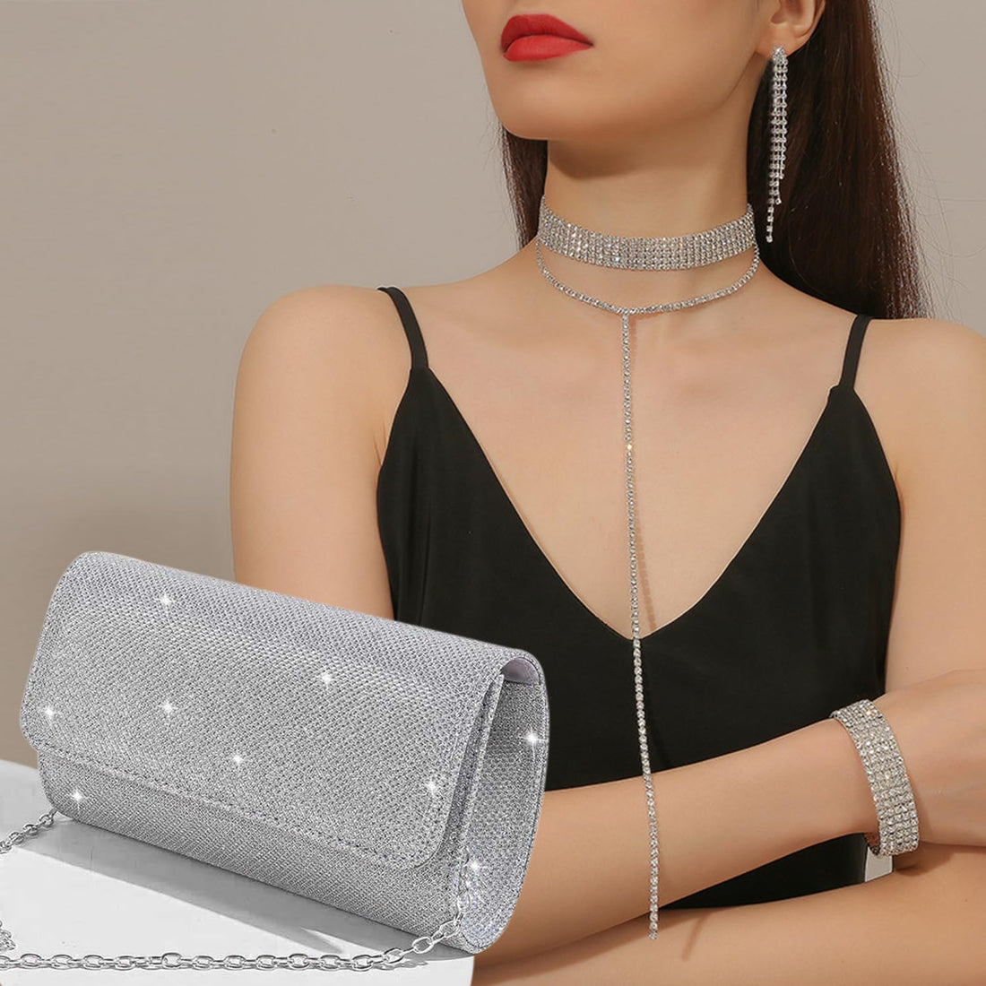 EIELO Rhinestone Jewelry Set for Women Wedding Bridal Silver Clutch Purse Glitter Choker Necklace Tennis Stretch Bracelets Ring Dangle Fringe Earrings Set