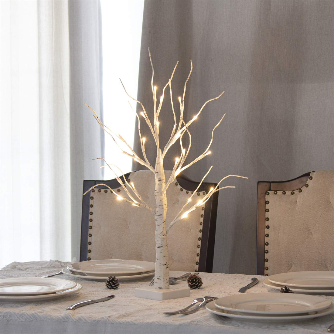 White Twig Tree with Lights 2FT Tabletop Birch Tree with 24 Warm White LEDs Battery Operated