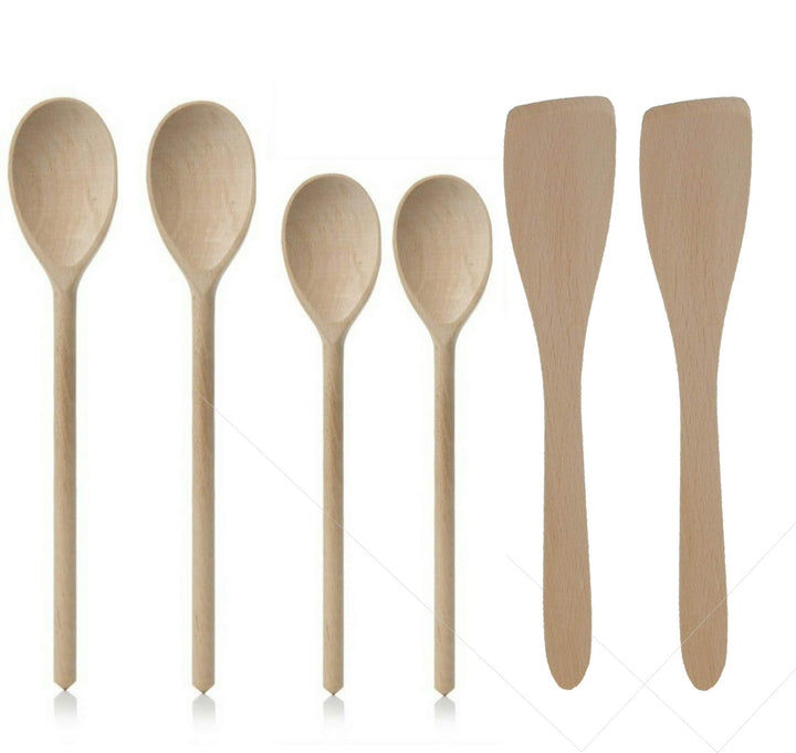 6 PC Set Wooden Spoons & SPATULAS 2 X 12" & 2 X 10" Spoons & 2 x 12" SPATULAS