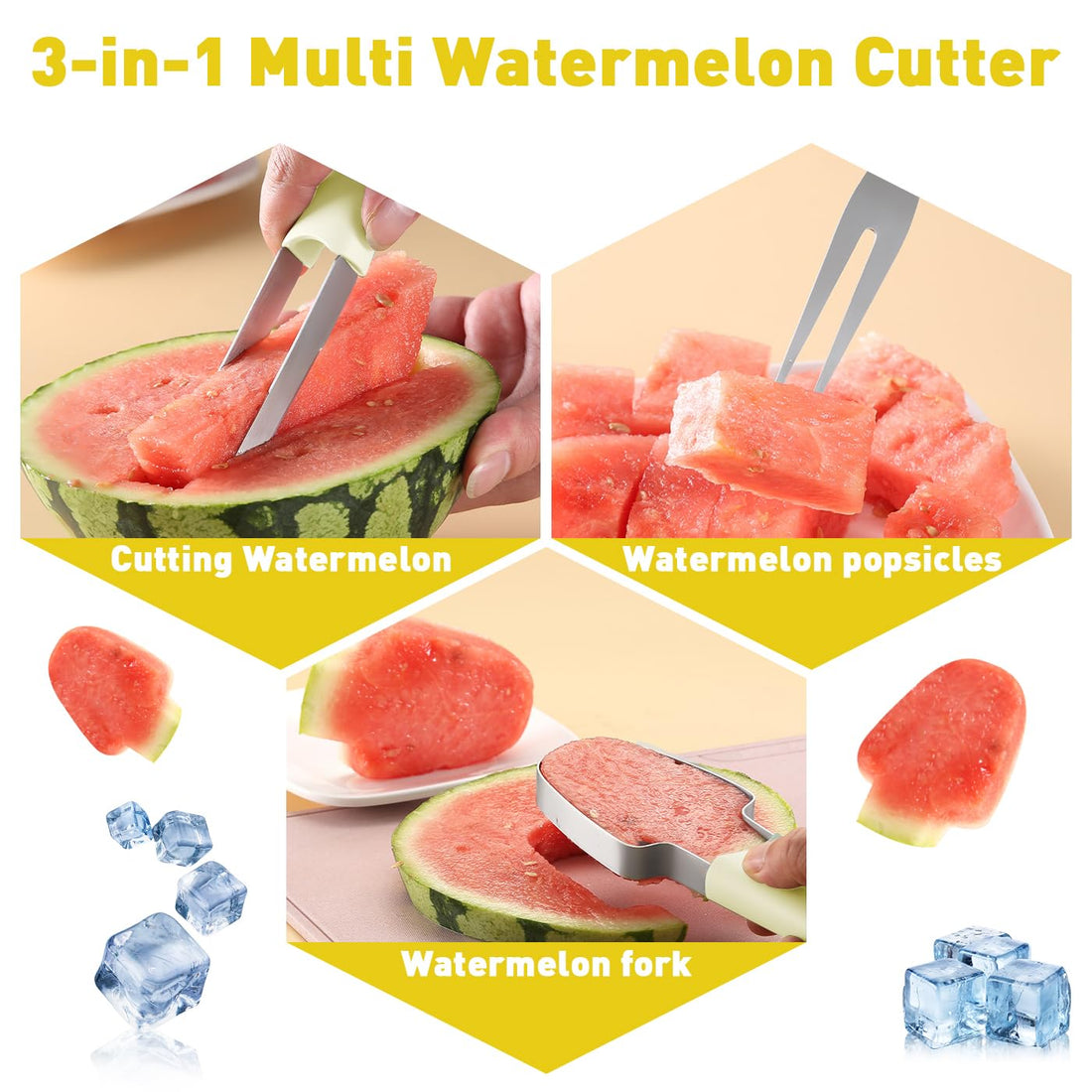 Banyaa Watermelon Cutter Slicer Tool, 3-in-1 Watermelon Fork Slicer Cutter, Stainless Steel Watermelon Popsicle Cutter, Multi Watermelon Slicer Melon Cutter for Camping Kitchen Gadgets (Off white)