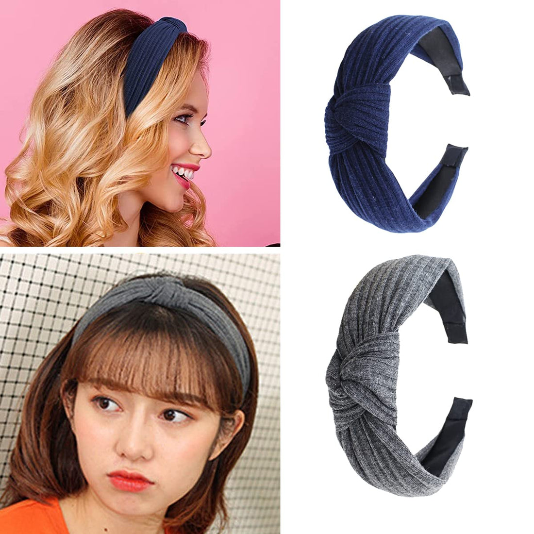 scicent Headbands for Women's Hair Knot Twist Wide Hairband Elastic Cross Hair Accessories Pack of 3 Head Bands (Navy,Dark Grey,Yellow) - 1803