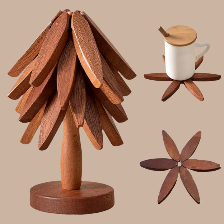 Wooden Trivets for Hot Dishes,Tree Shape Trivet Set,4 Wooden Trivets+1 Stand,Trivets for Hot Dishes,Natural Foldable Kitchen Wooden Trivet,for Hot Dishes、Pot、Bowl、Teapot、Hot Pot Holders(Black Walnut)