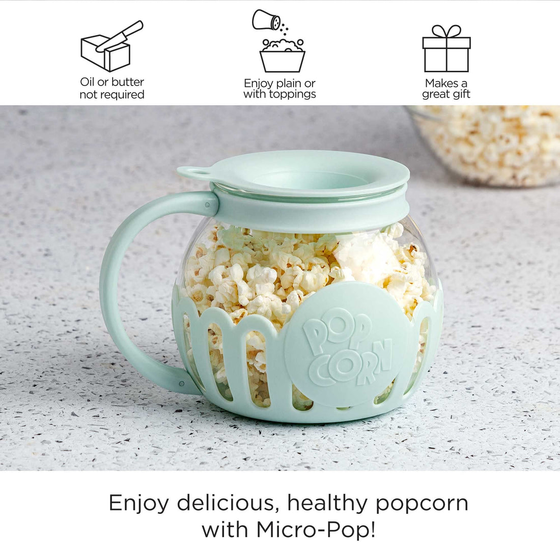 Ecolution Patented Micro-Pop Microwave Popcorn Popper with Temperature Safe Glass, 3-in-1 Lid Measures Kernels and Melts Butter, Made Without BPA, Dishwasher Safe, 1.5-Quart, Aqua