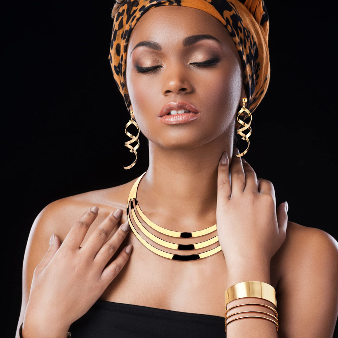 JOERICA Gold Tone Bib Choker Necklace Set for Women Wide Cuff Bangle Bracelets Long Statement Dangle Earrings African Costume Jewelry Set