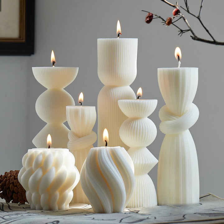 7 Pcs Large Pillar Candles Aesthetic Candle Modern Home Decor Ribbed Candles Set Beautiful Handmade Pillar Housewarming Gift Home Room Shelf Decor Idea Soy Wax (White)