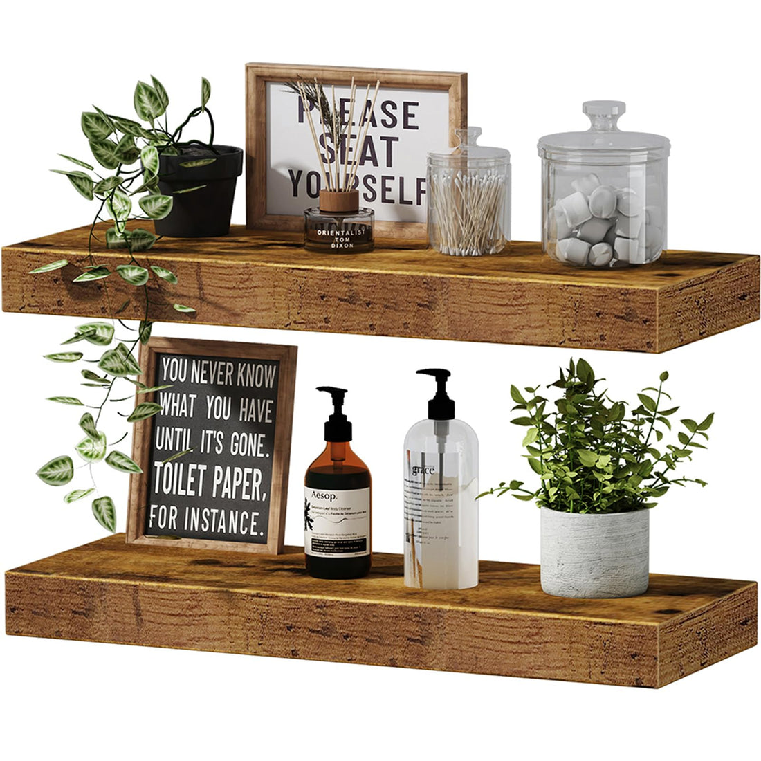 QEEIG Floating Shelves for Wall Bathroom Shelf Bedroom Kitchen Farmhouse Small Book Shelf 16 inch Set of 2, Rustic Brown (015-BN2)