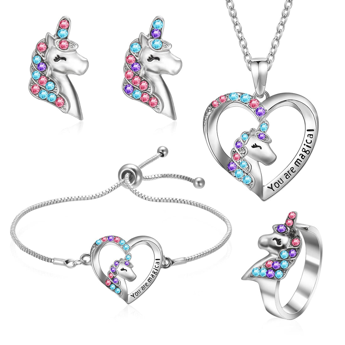 4 PCS Girls Jewelry Set Unicorn Mermaid Necklace Bracelet Set and Earrings