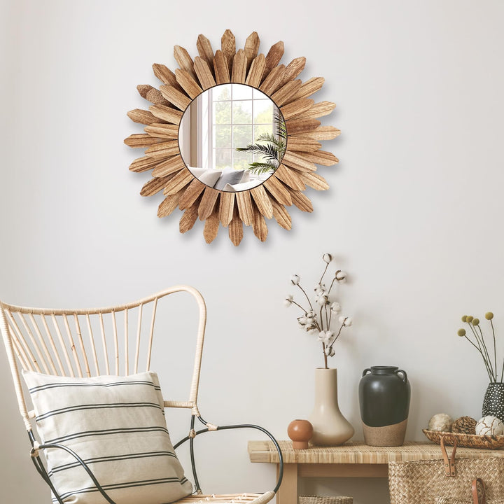 COM4SPORT 12 Inch Wall Mirror, Boho Wall Decor, Rustic Wood Mirror, Boho Mirror for Wall Art Bedroom Living Room Bathroom House Warming Gifts New Home(Carbonized Black)