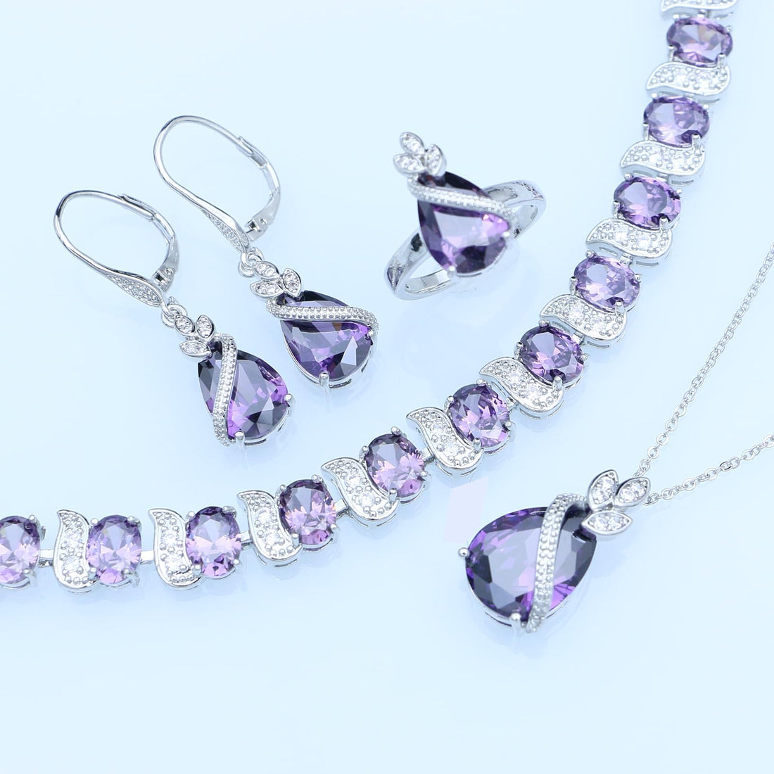 GZWHD Purple Amethyst Earrings Necklace Ring Bracelet Set for Women Jewelry Set Bride Bridesmaid