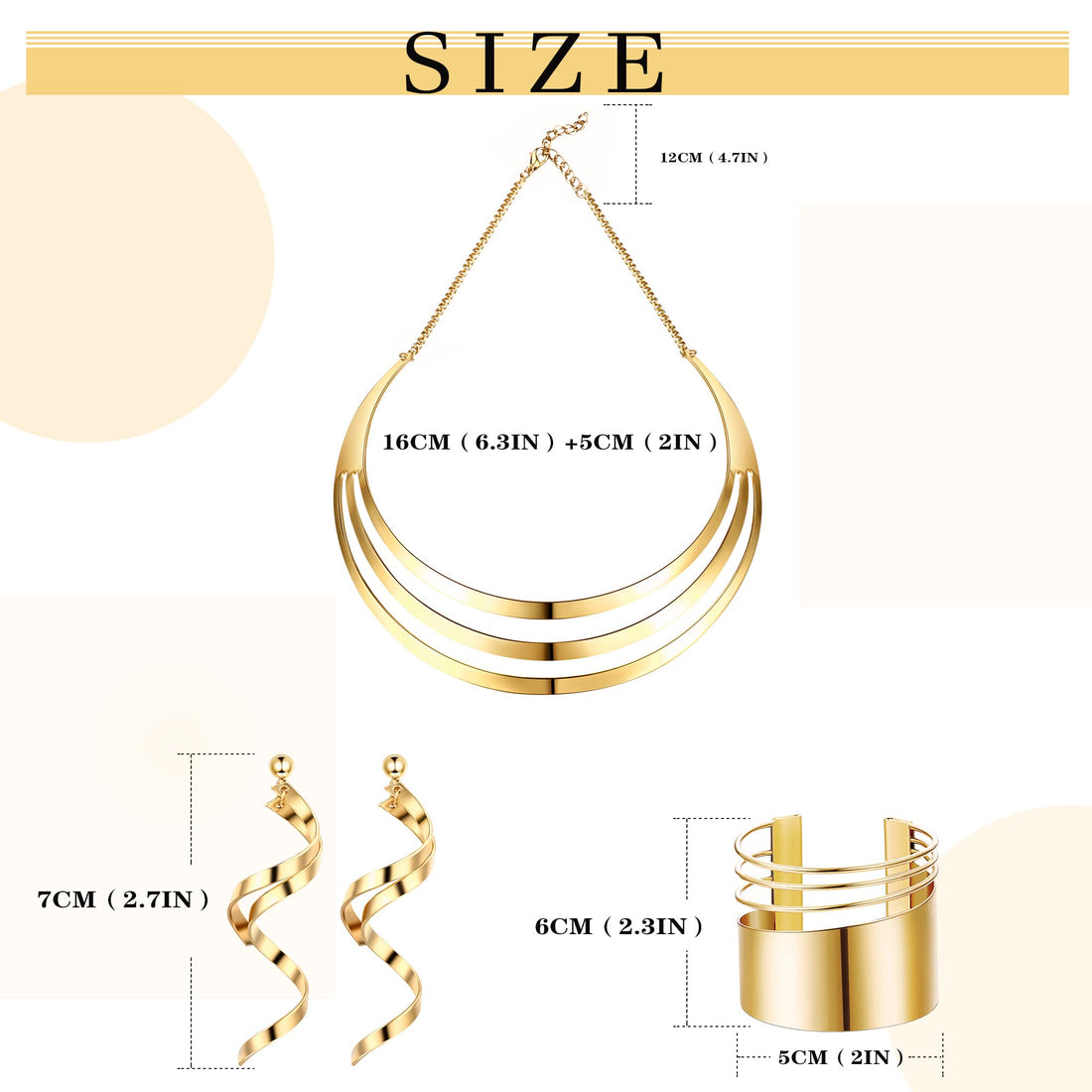 JOERICA Gold Tone Bib Choker Necklace Set for Women Wide Cuff Bangle Bracelets Long Statement Dangle Earrings African Costume Jewelry Set