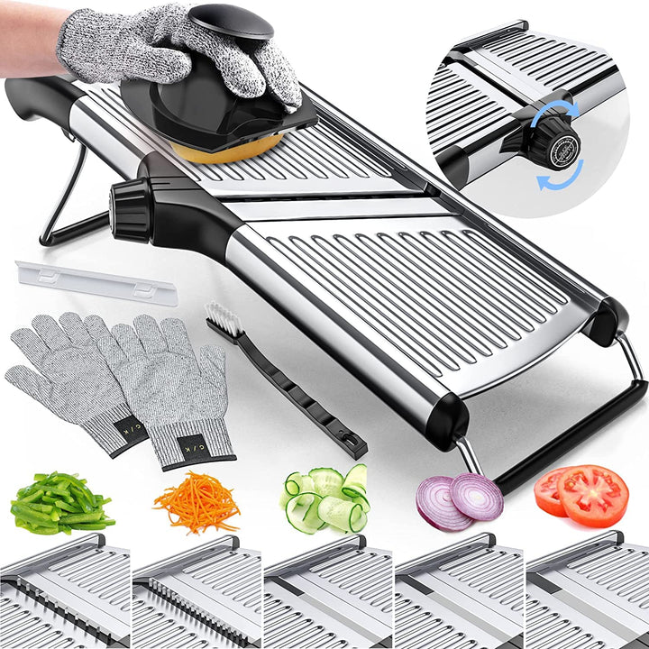 Gramercy Adjustable Mandoline Food Slicer, Mandoline Slicer for Kitchen, Mandolin, Potato Slicer, Tomato Slicer, Carrot Slicer, Onion Slicer - Stainless Steel - INCLUDING One Pair Cut-Resistant Gloves